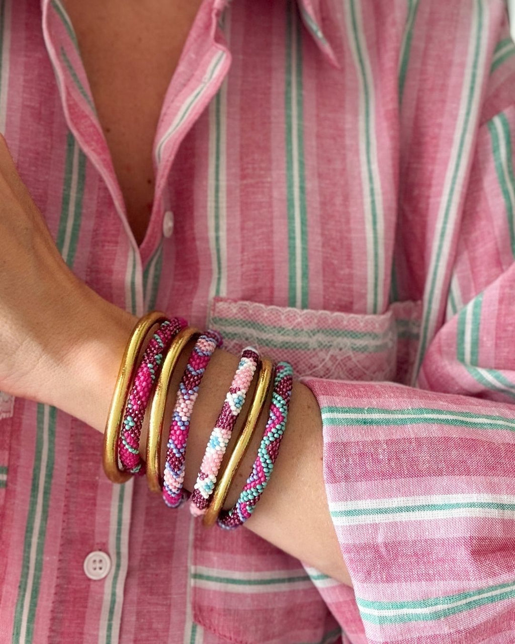 Bracelet népalais #83 (rose et vert)