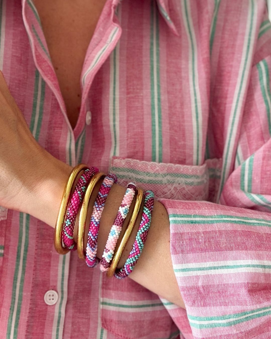 Bracelet népalais #83 (rose et vert)