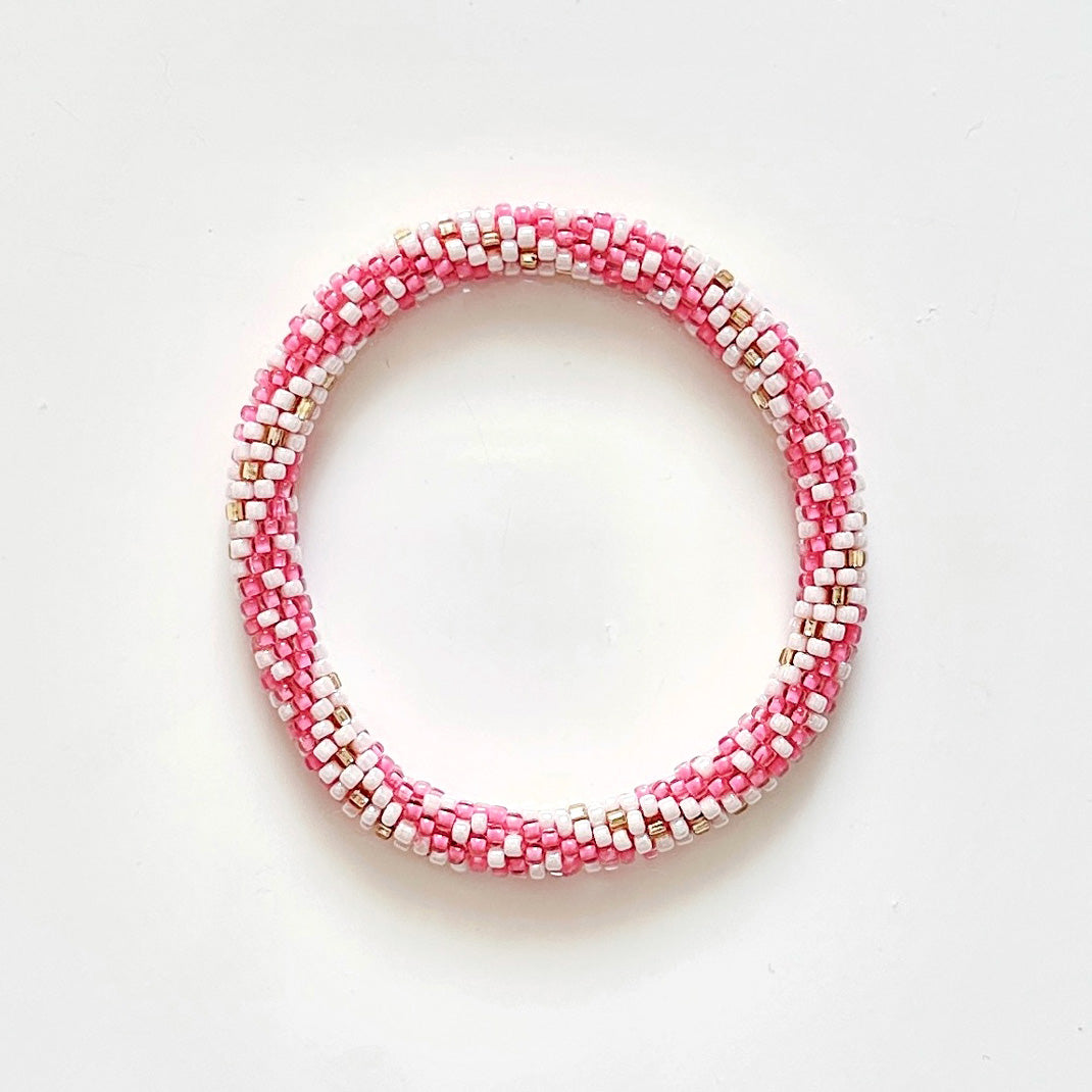 Bracelet népalais #36 (rose, blanc et doré)