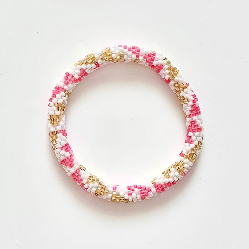 Bracelet népalais #38 (rose, blanc et doré)