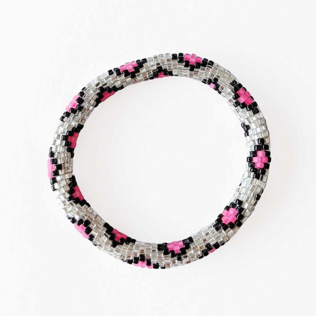 Bracelet népalais #16 (argent, noir et rose)