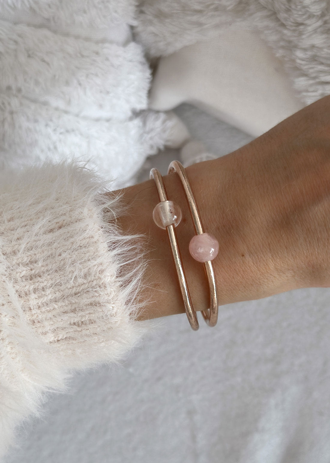 Jonc bouddhiste precious - champagne & quartz blanc