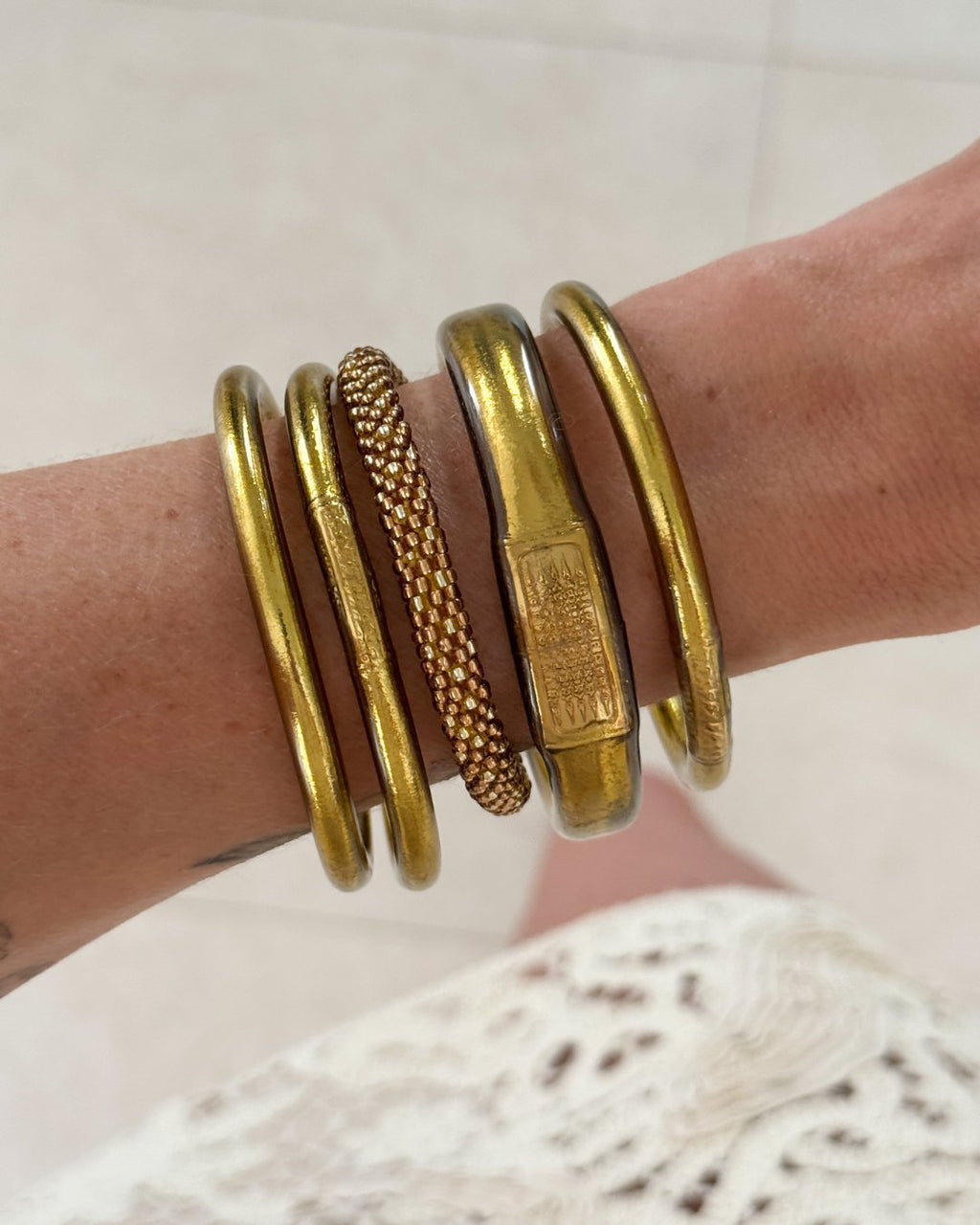 Jonc bouddhiste plat - 12mm antique gold et antique silver